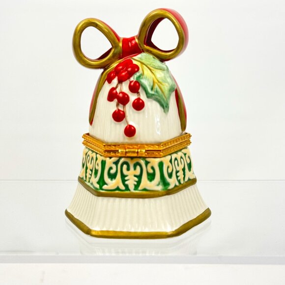 Fitz and Floyd Christmas Bells Hinged Trinket Box Holiday Ceramic Candy Jar Hand - Picture 3 of 12